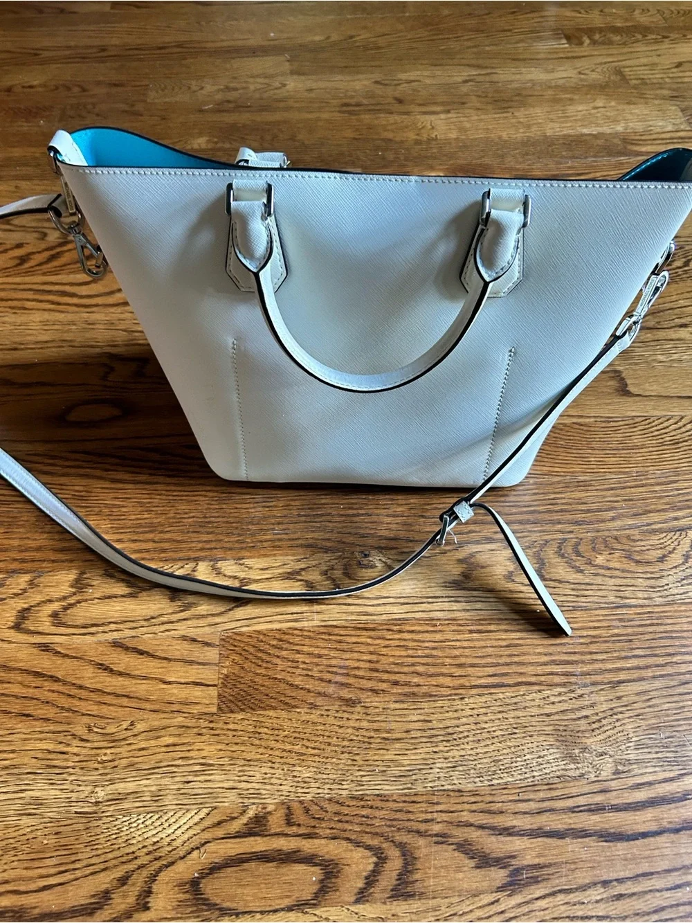 Michael Kors White Saffiano Leather Tote with Blue Interior Trim